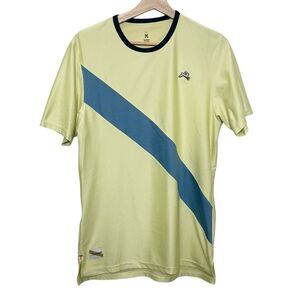 Tracksmith Cortlandt Tee Men’s Medium Yellow Mesh Blue Stripe Retro Running